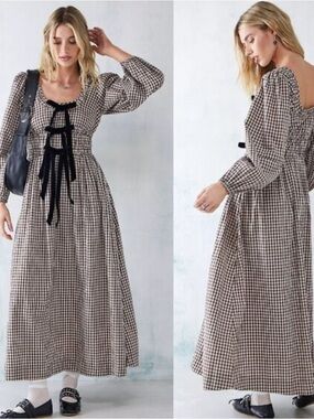 Damson Madder Dakota Bow Midi Dress in Chocolate Check